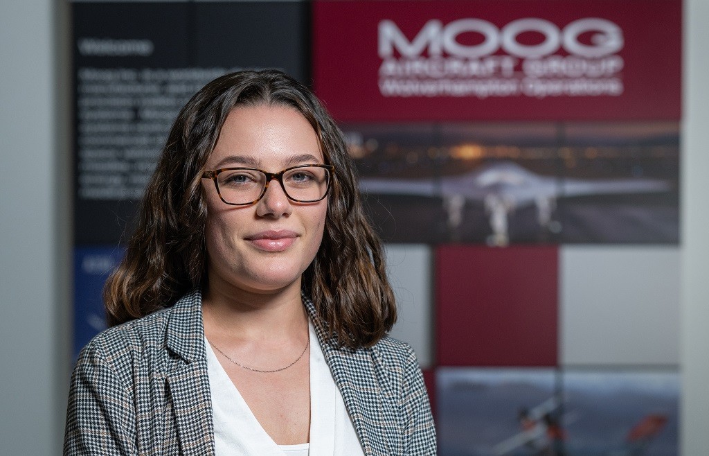 Elena is pictured in the Moog Aircraft Group lobby in Wolverhampton