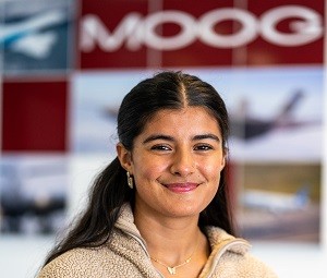 Emma is pictured in the Aircraft Group lobby at Moog, Tewkesbury